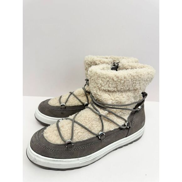 Blondo Winter Boot Size 9.5 Waterproof Gray Cream Suede Shearling Upper Lace Up - Picture 4 of 11